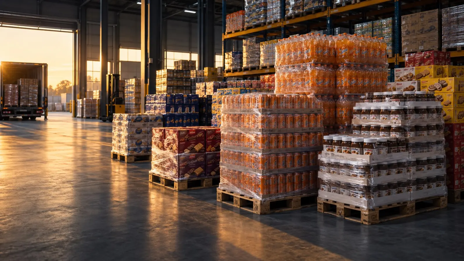 Palettes de boissons, pâtes à tartiner et snacks en quantités grossistes